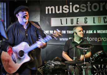 Ginger Geoffrey playing as Bash and Strum at Hanley Music Stoke with Daz Clement on drums and backing vocals.