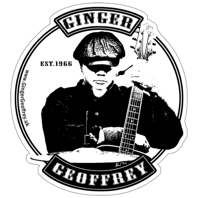 10x10cm vinyl sticker of Ginger Geoffrey holding an guitar standing behind a Hi hat