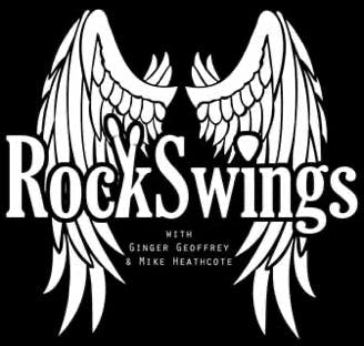 Rock Swings Logo With Mike Heathcote and Ginger Geoffrey. A set of wings with a set of drum sticks and guitar pick helping to make the words of the band.