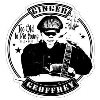 Ginger Geoffrey Too Old to Die Young Sticker Ginger Sits holding guitar behind a hihat cymbal. 