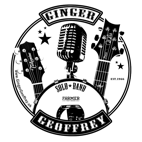 Ginger Geoffrey sticker design showing the bass of a foot drum electric and acoustic guitar and old fashioned microphone.