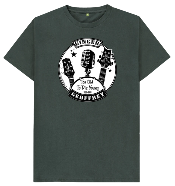 Dark Green Ginger Geoffrey Too Old To Die Young T-Shirt Showing  Guitars, Mircorphone and Bass Drum in a circular design.